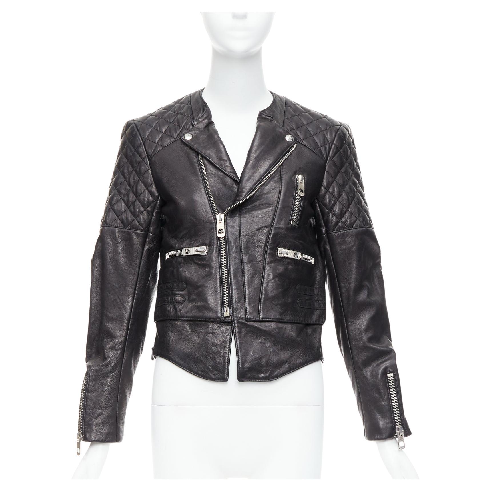 BALENCIAGA 2011 black leather quilted silver zip crop moto biker FR38 M For Sale