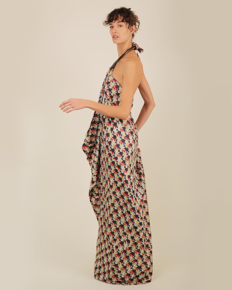 Balenciaga 2011 gold chain halter neck draped column print maxi dress gown  XS-M For Sale at 1stDibs