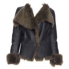 BALENCIAGA 2012 negro cuero verde forrado de piel moto chaqueta de invierno FR40 M