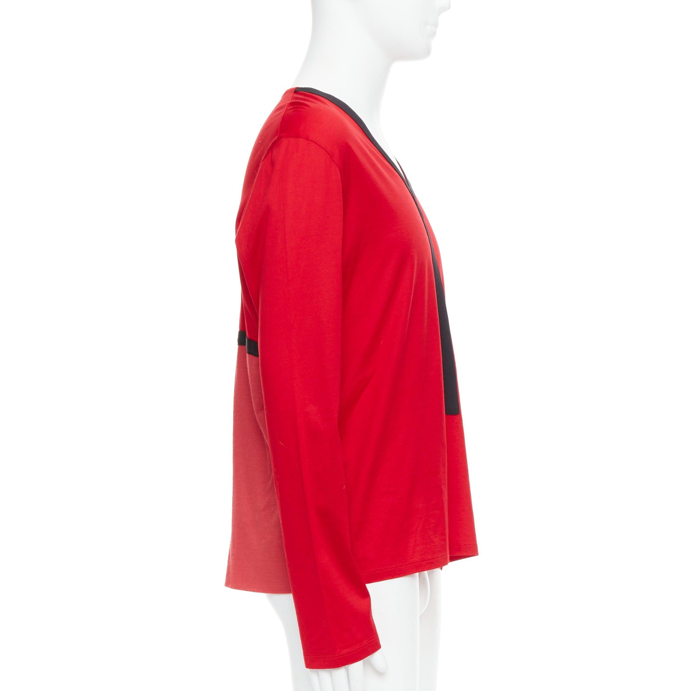 BALENCIAGA 2012 red cotton blend black trim V-neck long sleeve top XL In Excellent Condition For Sale In Hong Kong, NT