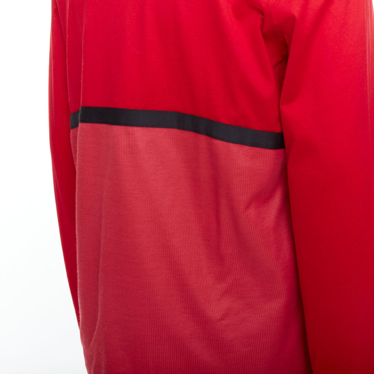 BALENCIAGA 2012 red cotton blend black trim V-neck long sleeve top XL For Sale 2