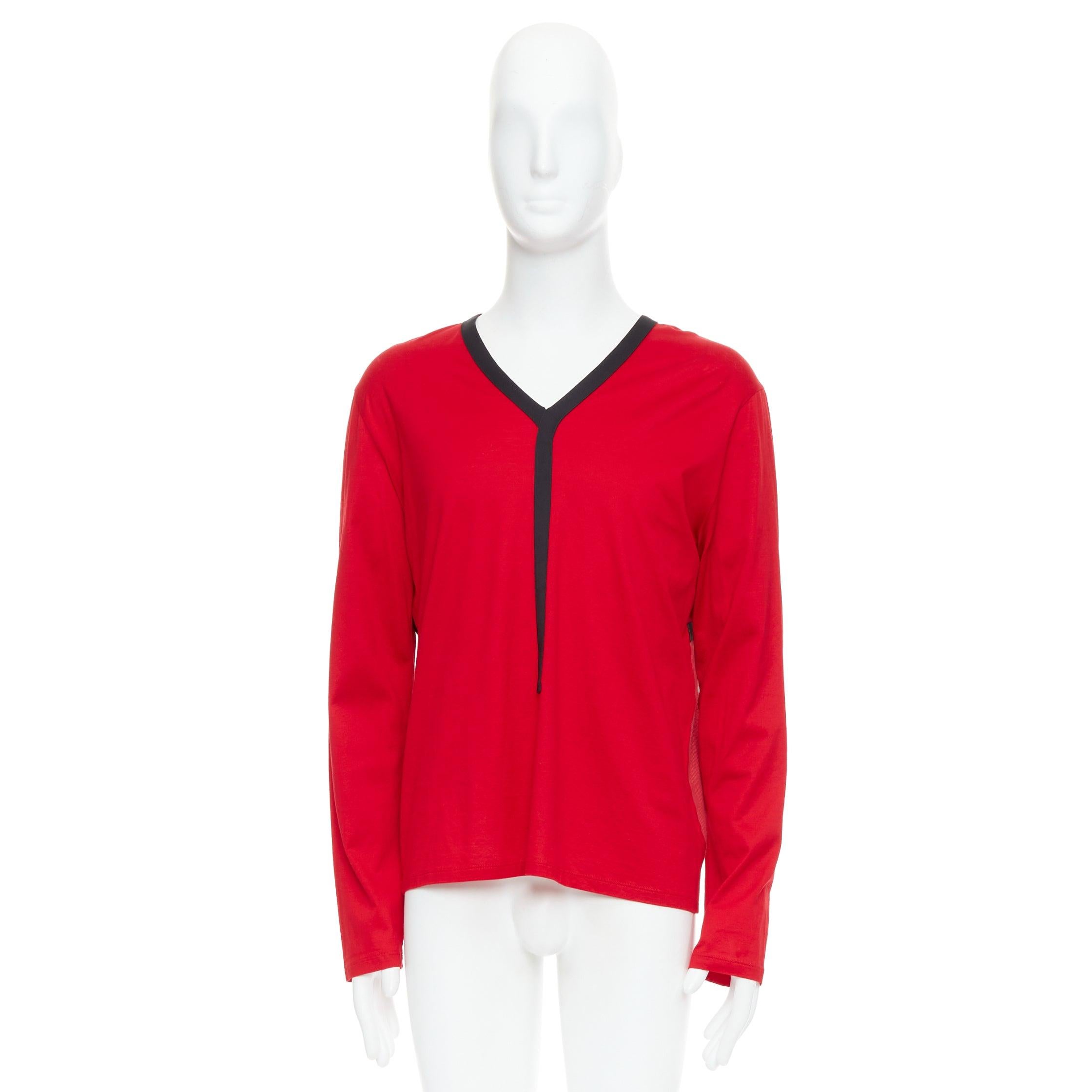 BALENCIAGA 2012 red cotton blend black trim V-neck long sleeve top XL For Sale 4