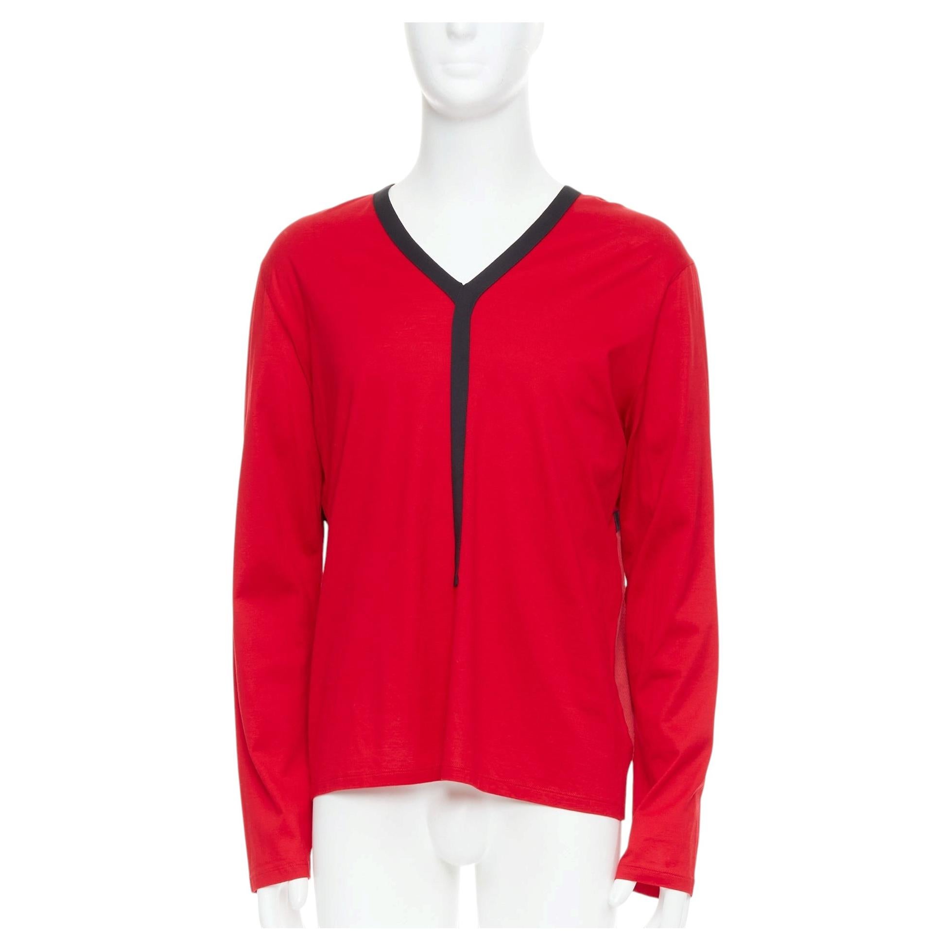 BALENCIAGA 2012 red cotton blend black trim V-neck long sleeve top XL