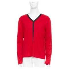 BALENCIAGA 2012 red cotton blend black trim V-neck long sleeve top XL