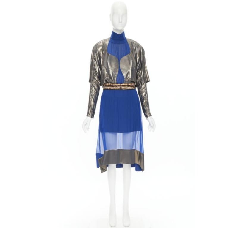 BALENCIAGA 2012 Pasarela azul cobre futurista bustier vestido de seda FR36 XS en venta 7