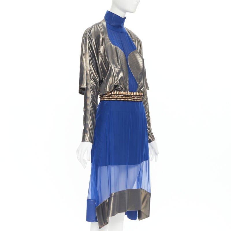 BALENCIAGA 2012 Pasarela azul cobre futurista bustier vestido de seda FR36 XS Gris en venta