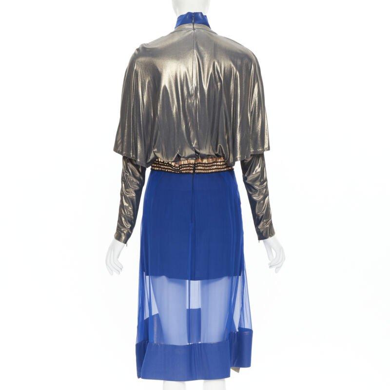 De las mujeres BALENCIAGA 2012 Pasarela azul cobre futurista bustier vestido de seda FR36 XS en venta