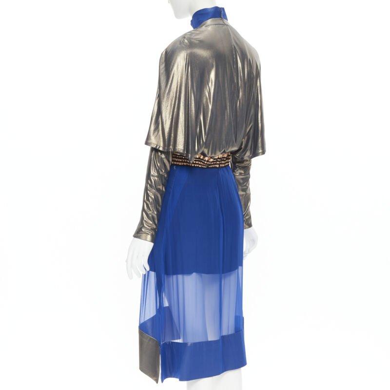 BALENCIAGA 2012 Pasarela azul cobre futurista bustier vestido de seda FR36 XS en venta 1