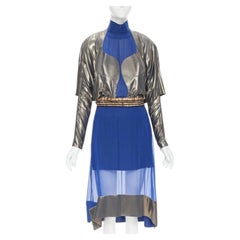 BALENCIAGA 2012 Runway blue copper futuristic bustier silk dress FR36 XS