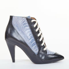 BALENCIAGA 2012 Runway blue emboss black leather lace up high heel booties EU36