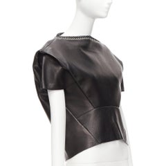 BALENCIAGA 2014 black lambskin leather grommet stud boxy cropped top FR36 S