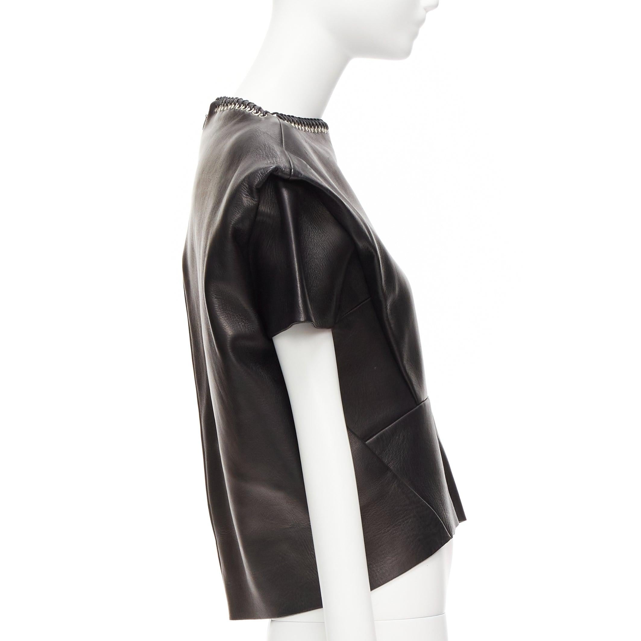 BALENCIAGA 2014 black lambskin leather grommet stud boxy cropped top FR36 S In Good Condition For Sale In Hong Kong, NT