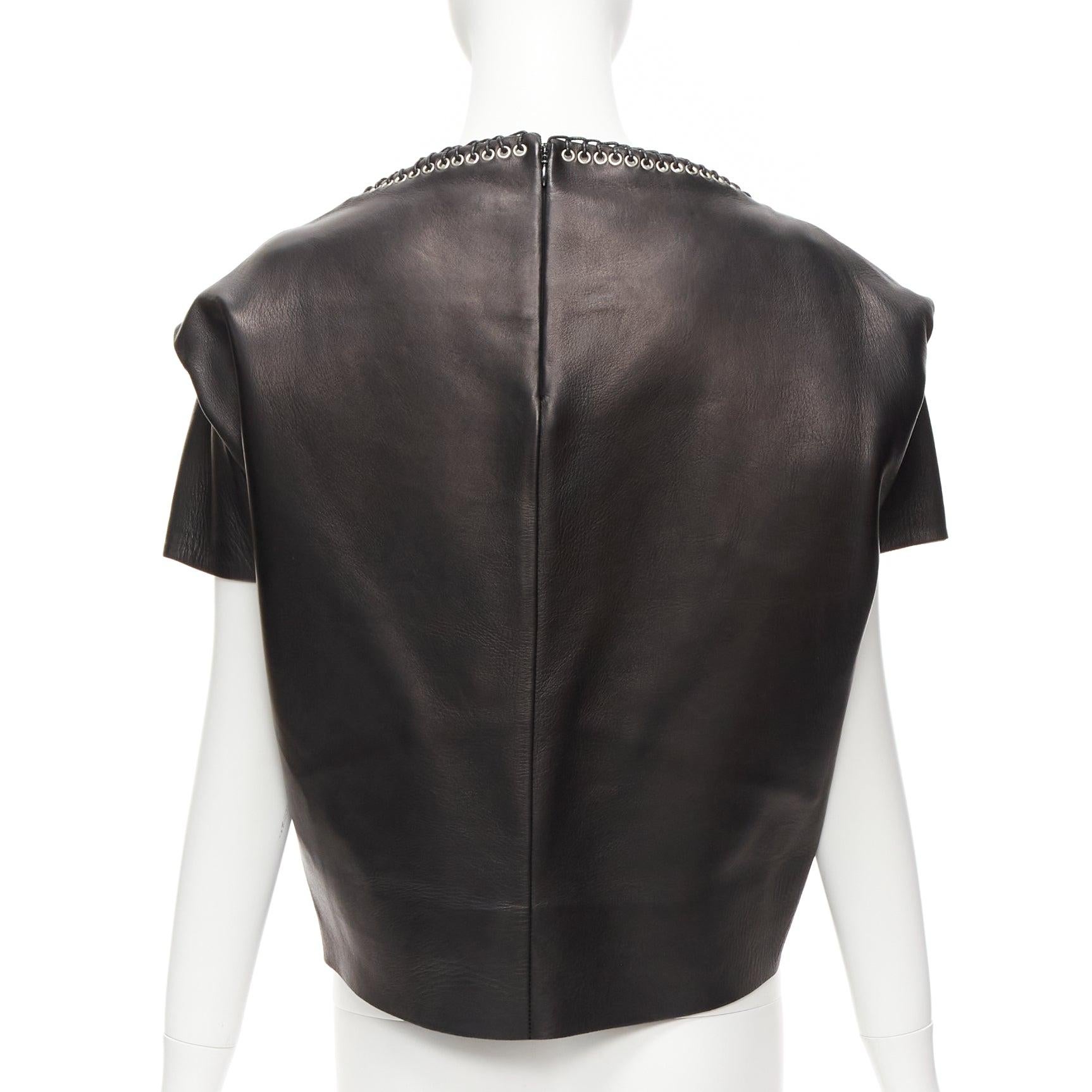 Women's BALENCIAGA 2014 black lambskin leather grommet stud boxy cropped top FR36 S For Sale