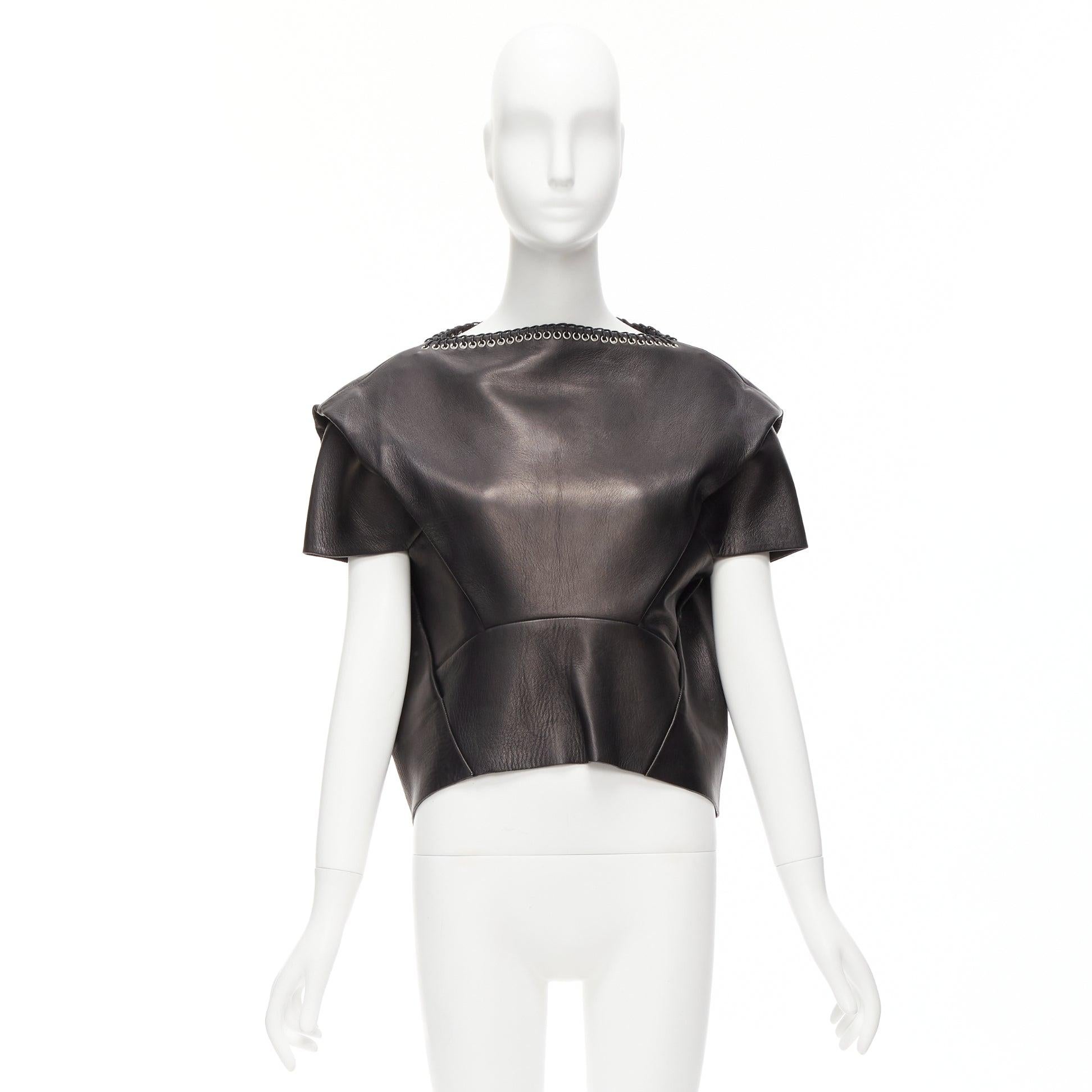 BALENCIAGA 2014 black lambskin leather grommet stud boxy cropped top FR36 S For Sale 5
