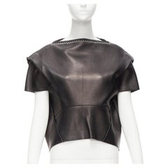 BALENCIAGA 2014 black lambskin leather grommet stud boxy cropped top FR36 S