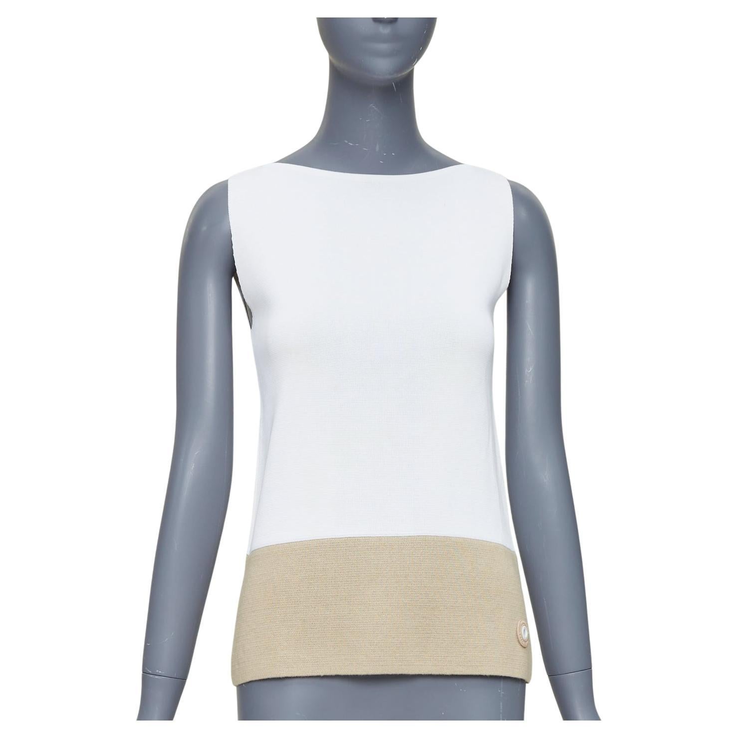 BALENCIAGA 2014 crema beige rayón lino mezcla bicolor chaleco cuello barco FR36 S en venta