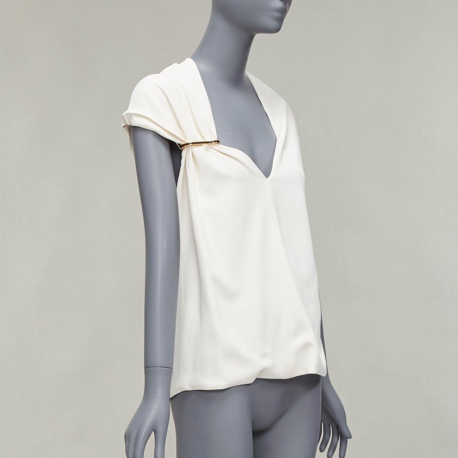 BALENCIAGA 2014 cream crepe gold carabiner buckle V neck vest top FR38 M In Excellent Condition For Sale In Hong Kong, NT