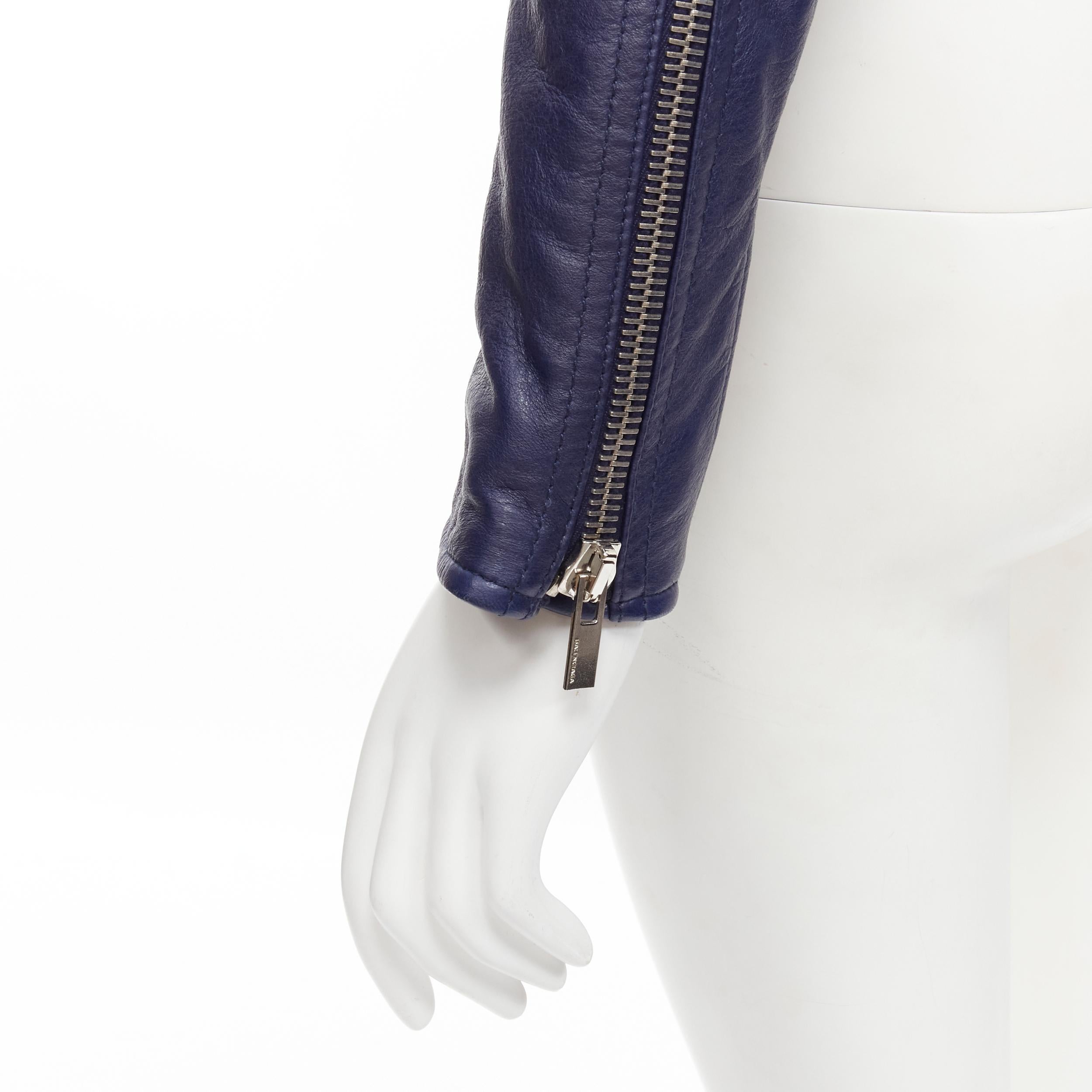 BALENCIAGA 2014 dark blue lambskin leather cropped fit biker jacket FR34 XS For Sale 2