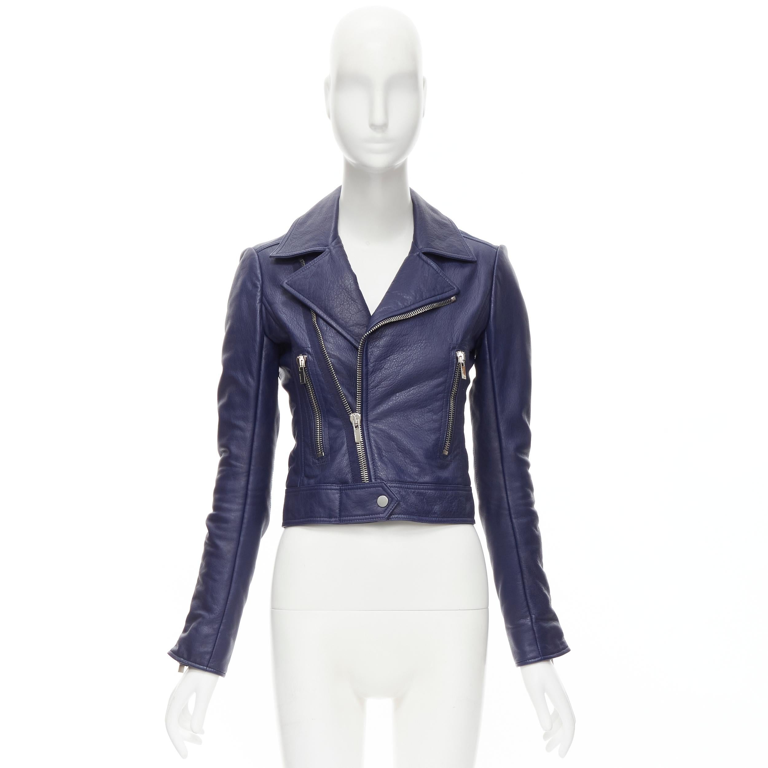 BALENCIAGA 2014 dark blue lambskin leather cropped fit biker jacket FR34 XS For Sale 4
