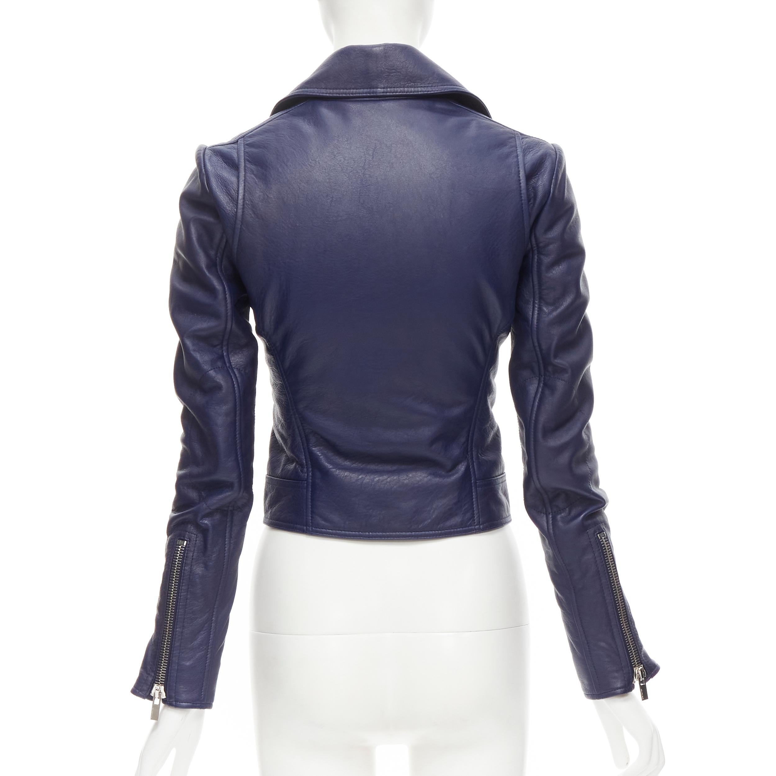 Blue BALENCIAGA 2014 dark blue lambskin leather cropped fit biker jacket FR34 XS