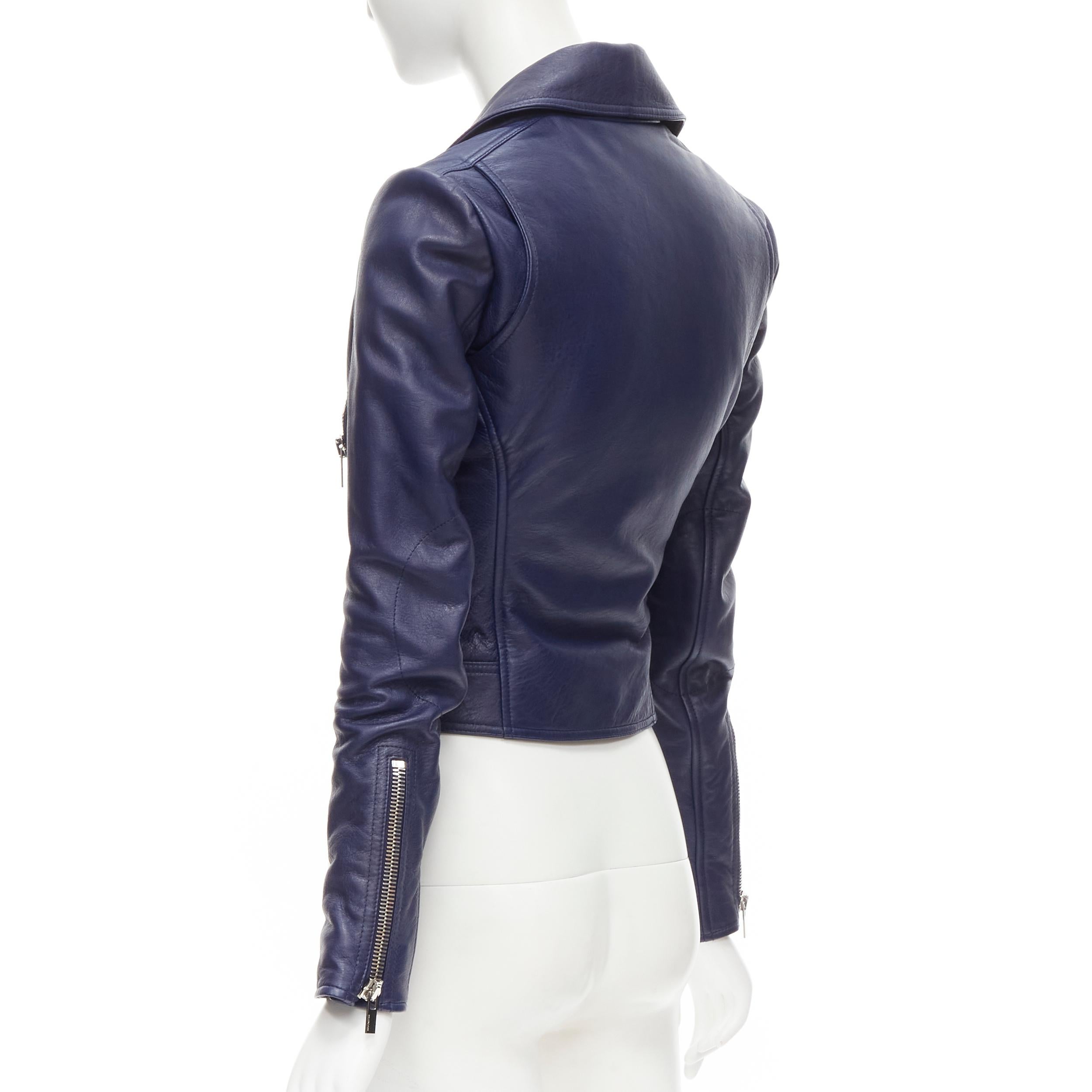BALENCIAGA 2014 dark blue lambskin leather cropped fit biker jacket FR34 XS In Excellent Condition For Sale In Hong Kong, NT