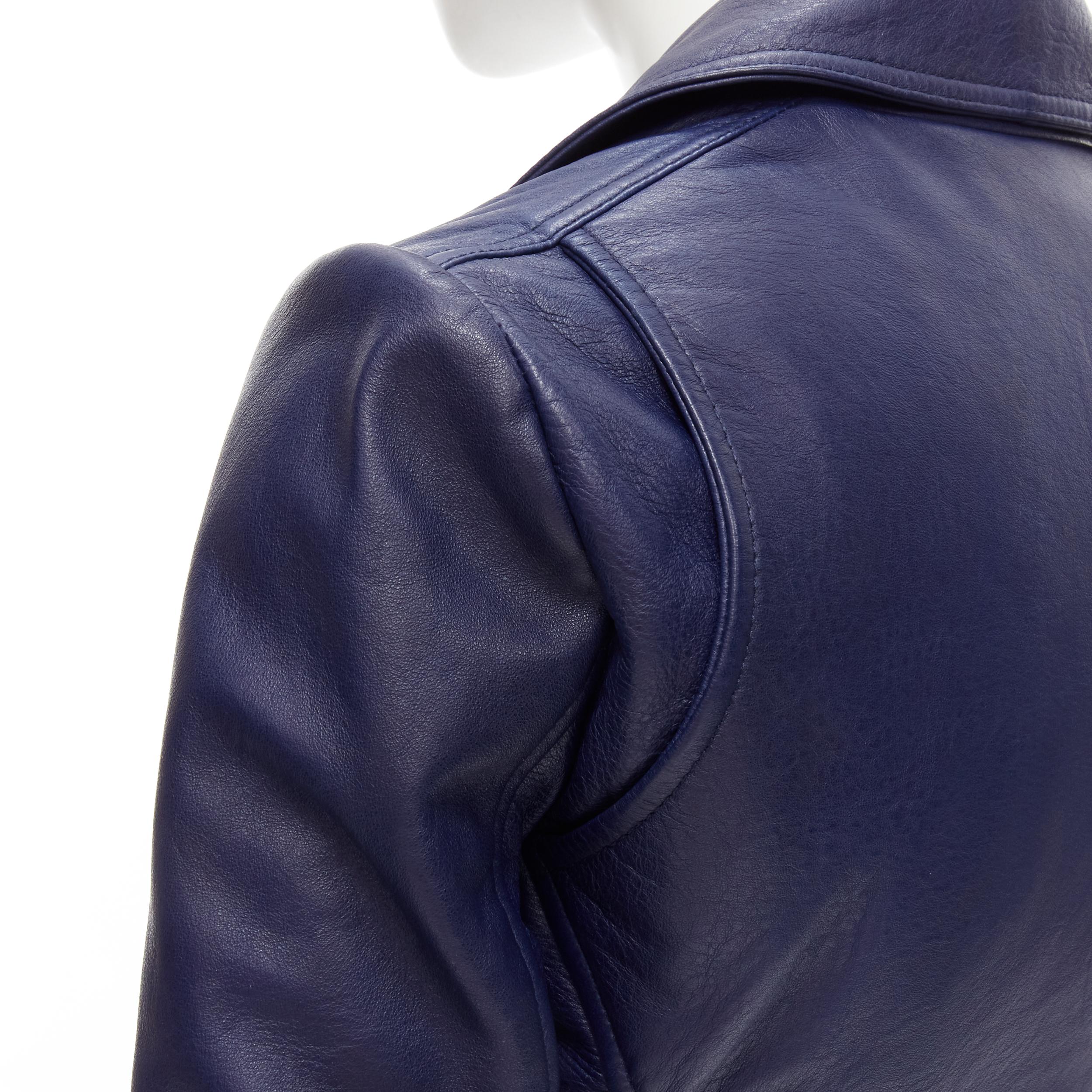 Women's BALENCIAGA 2014 dark blue lambskin leather cropped fit biker jacket FR34 XS For Sale