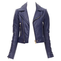 BALENCIAGA 2014 dark blue lambskin leather cropped fit biker jacket FR34 XS