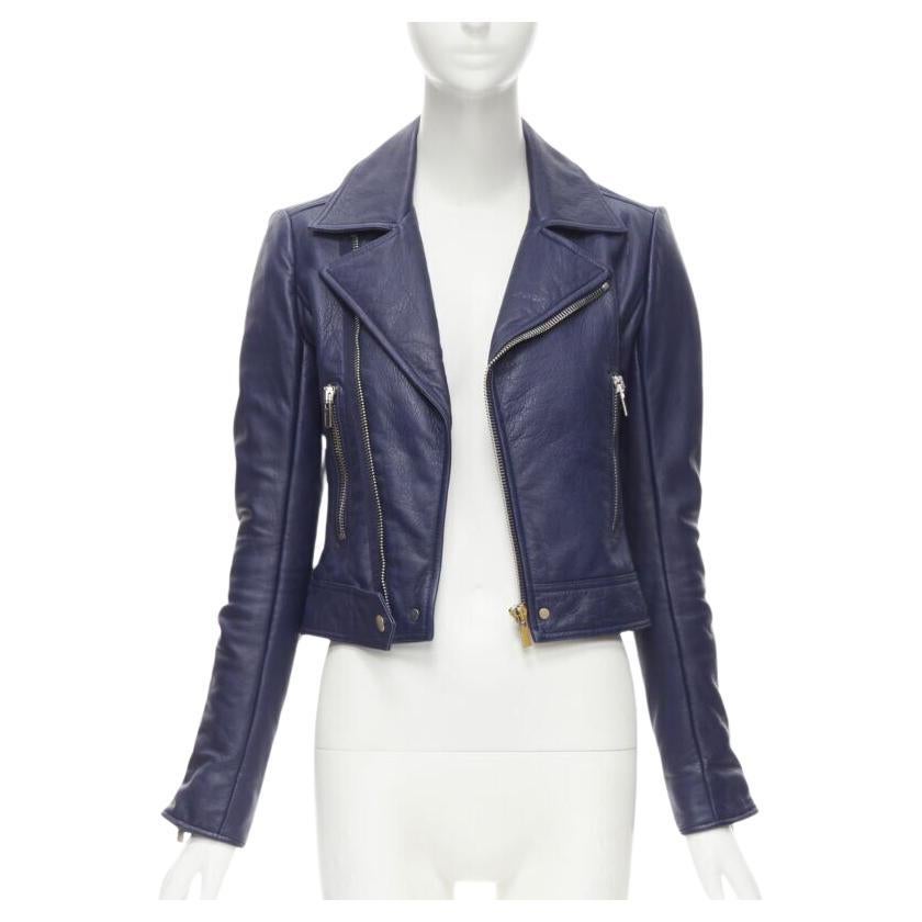 BALENCIAGA 2014 dark blue lambskin leather cropped fit biker jacket FR34 XS at 1stDibs