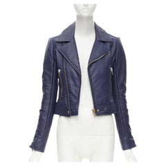 BALENCIAGA 2014 chaqueta biker cropped fit de piel de cordero azul oscuro FR34 XS