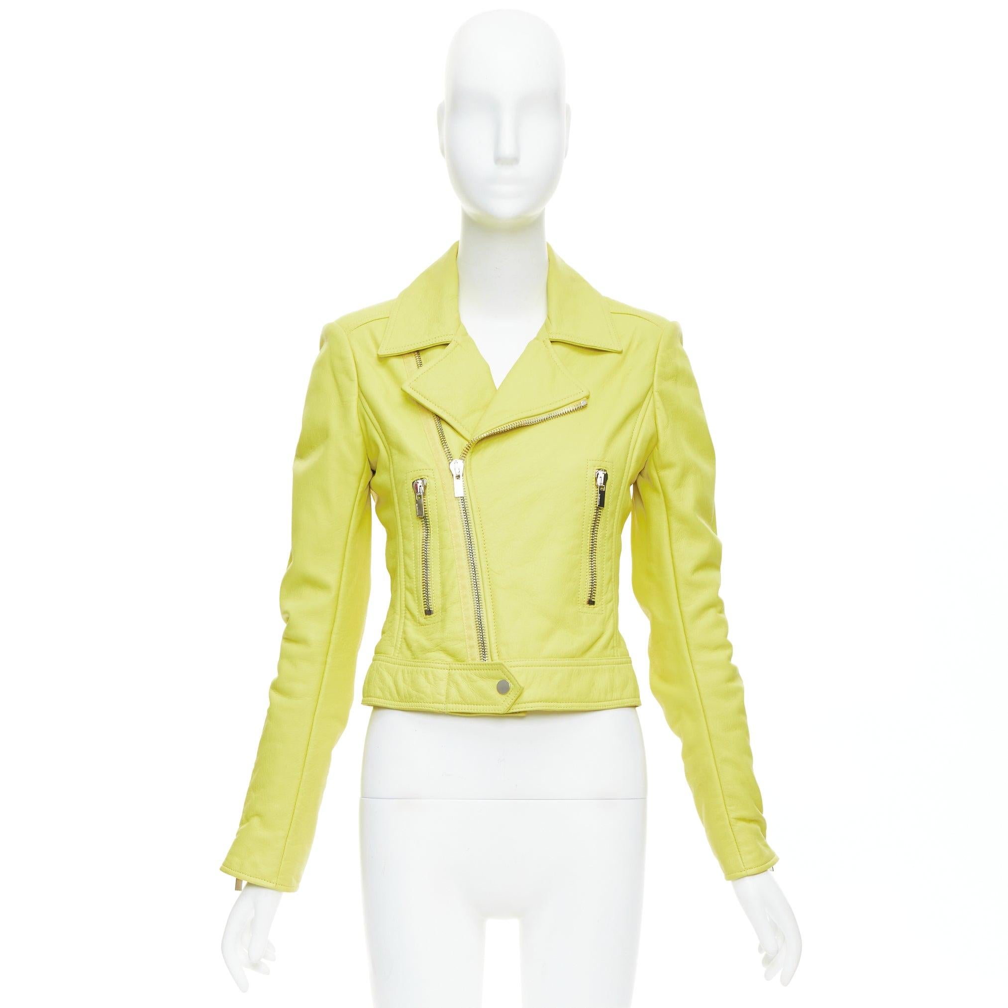 BALENCIAGA 2014 yellow lambskin leather crop biker jacket FR38 M For Sale 5