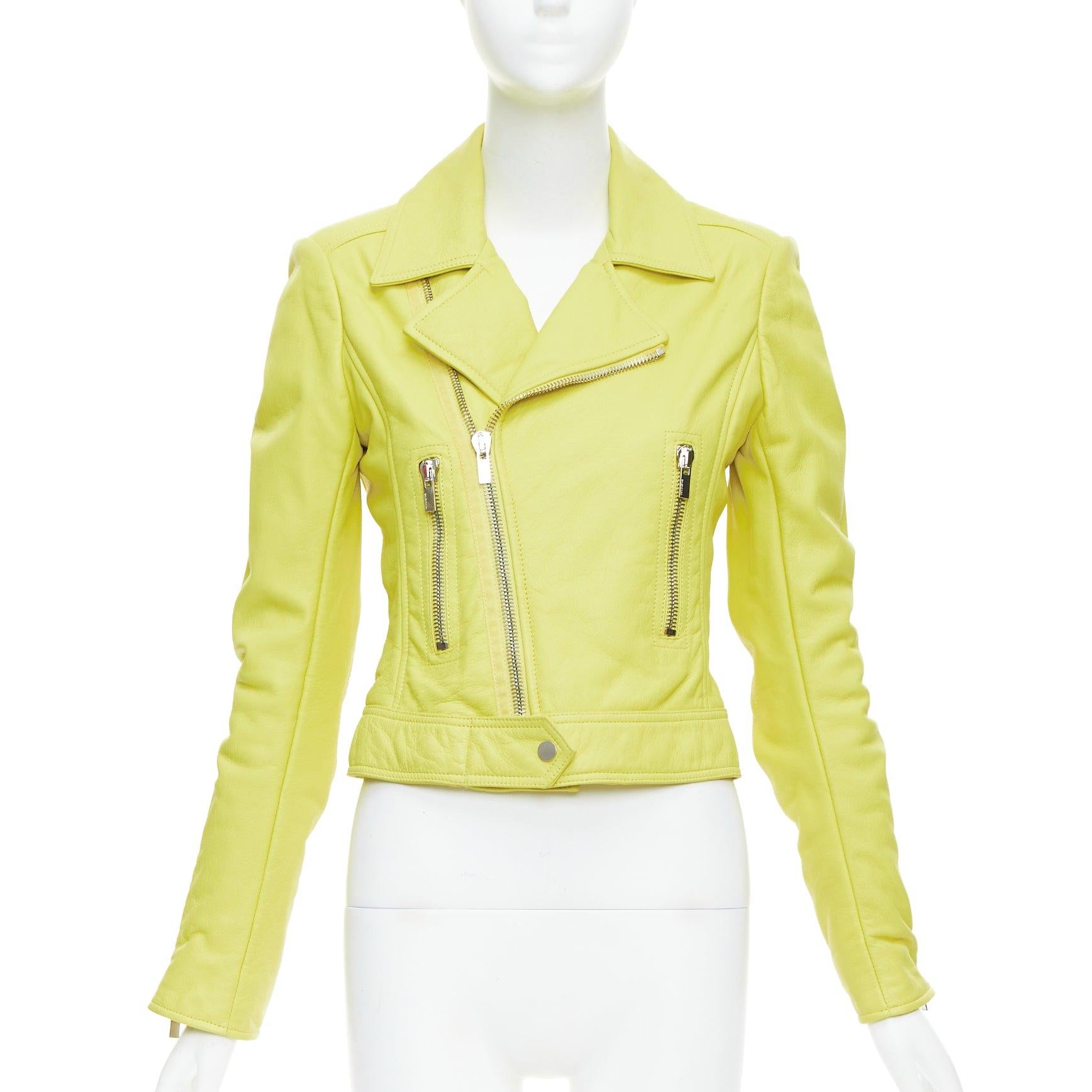 Yellow BALENCIAGA 2014 yellow lambskin leather crop biker jacket FR38 M For Sale