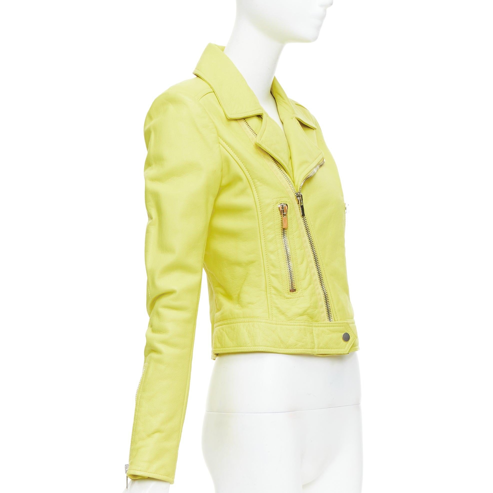 BALENCIAGA 2014 yellow lambskin leather crop biker jacket FR38 M In Good Condition For Sale In Hong Kong, NT