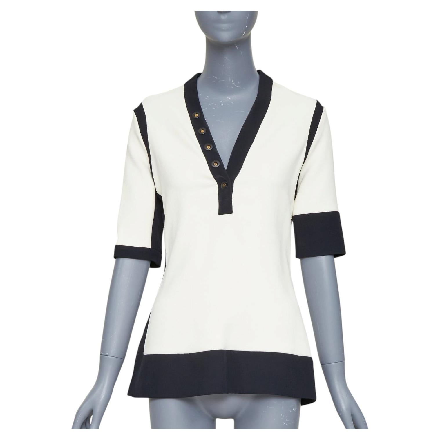 BALENCIAGA 2015 Sahne schwarz Viskose Mischung Colorblock V-Ausschnitt Knopfoberteil FR38 M
