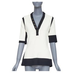 BALENCIAGA 2015 cream black rayon blend colorblock V neck button top FR38 M