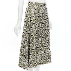 BALENCIAGA 2015 green black fringe embellishment white floral midi skirt FR36 S