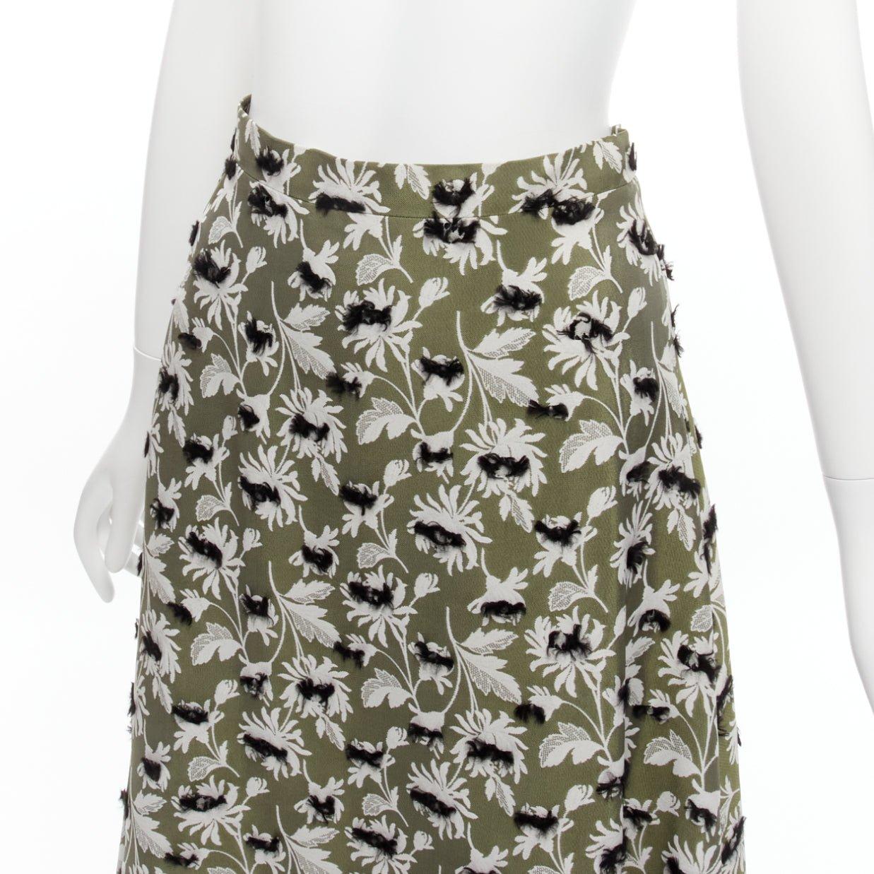 Gray BALENCIAGA 2015 green black fringe embellishment white floral midi skirt FR36 S For Sale