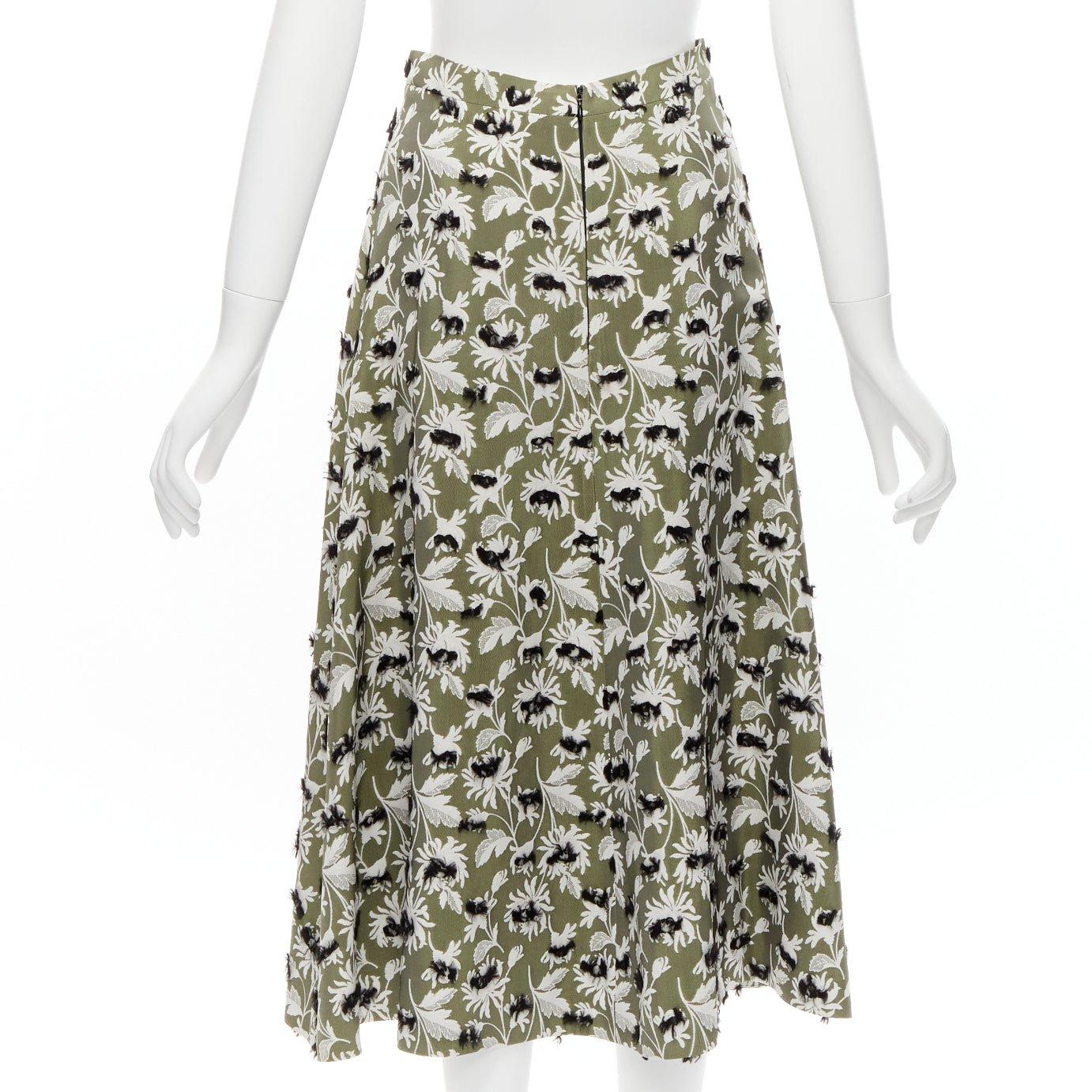 Women's BALENCIAGA 2015 green black fringe embellishment white floral midi skirt FR36 S For Sale