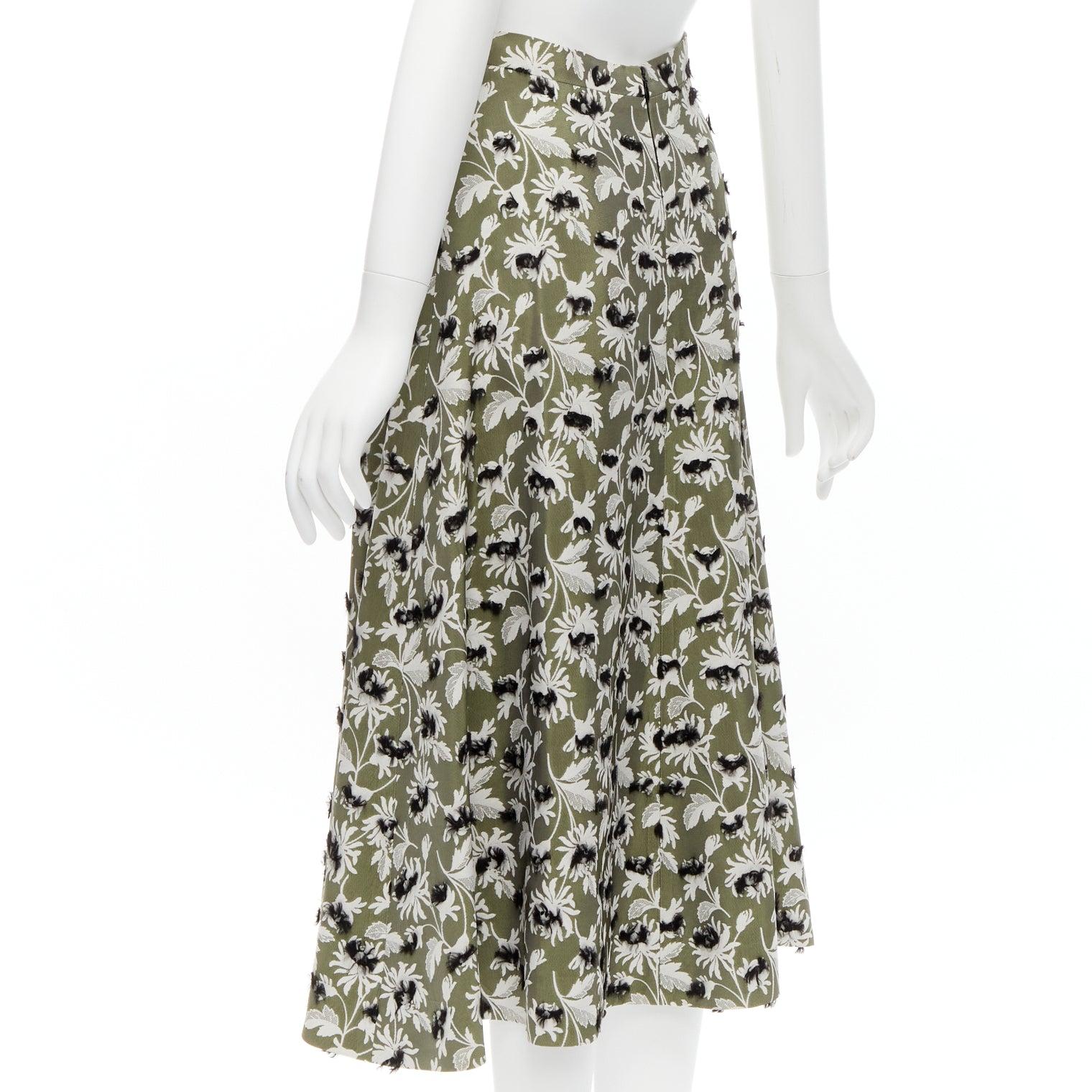 BALENCIAGA 2015 green black fringe embellishment white floral midi skirt FR36 S For Sale 1