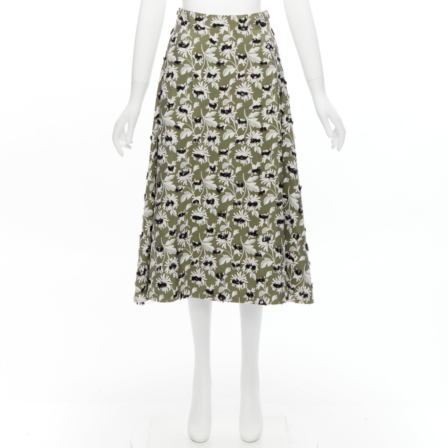 BALENCIAGA 2015 green black fringe embellishment white floral midi skirt FR36 S For Sale 4