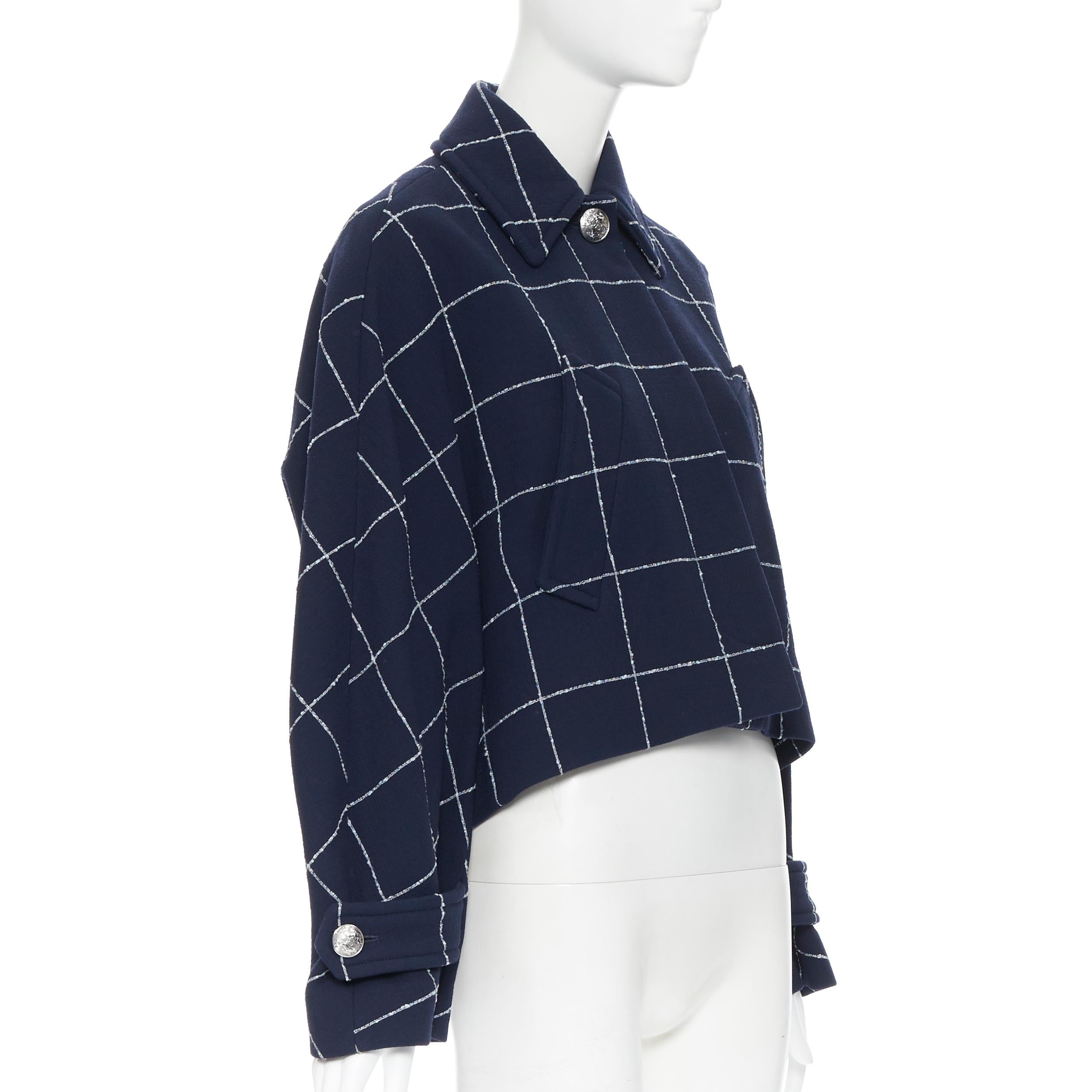 Black BALENCIAGA 2016 navy white check wool blend cropped military jacket Fr34 XS