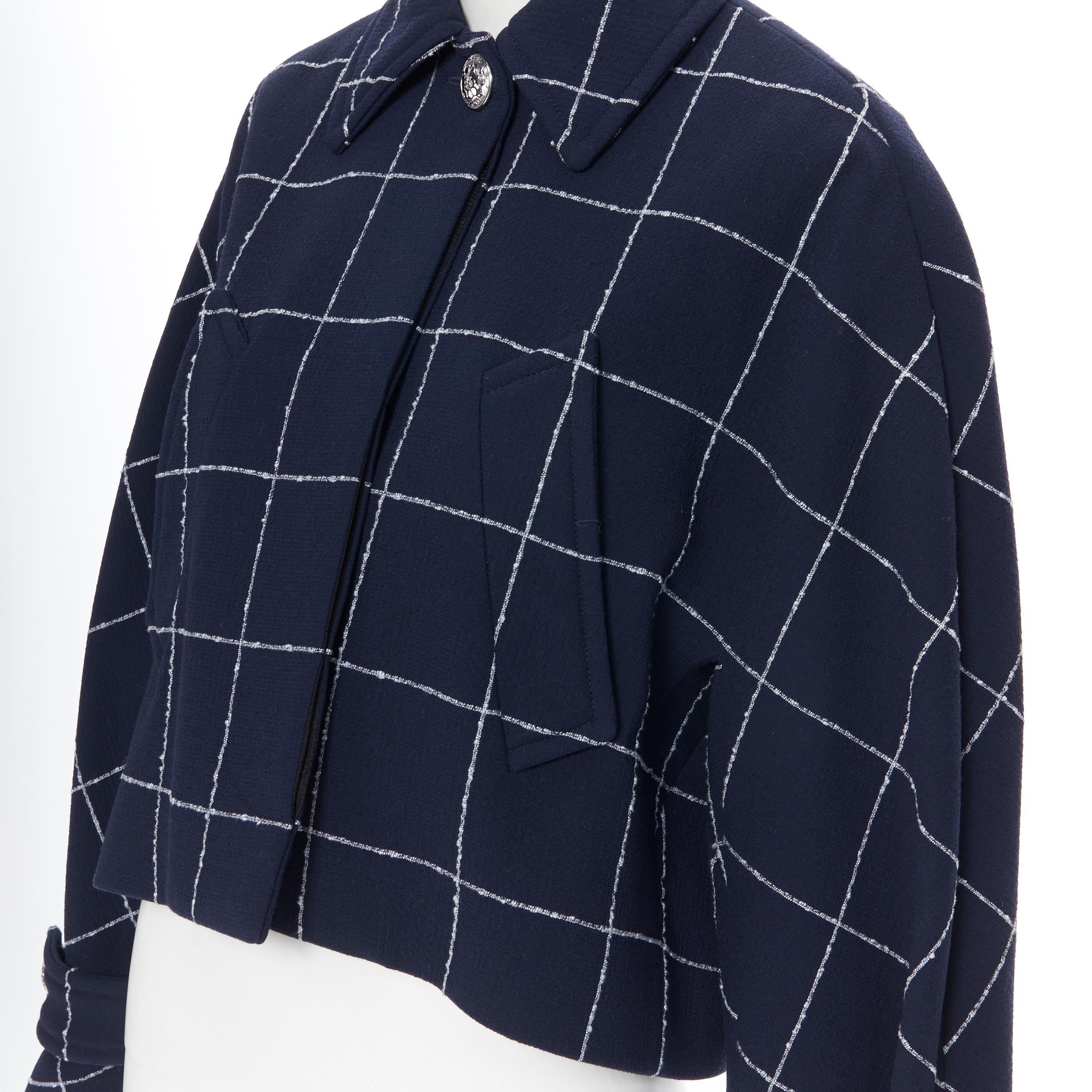 BALENCIAGA 2016 navy white check wool blend cropped military jacket Fr34 XS 2