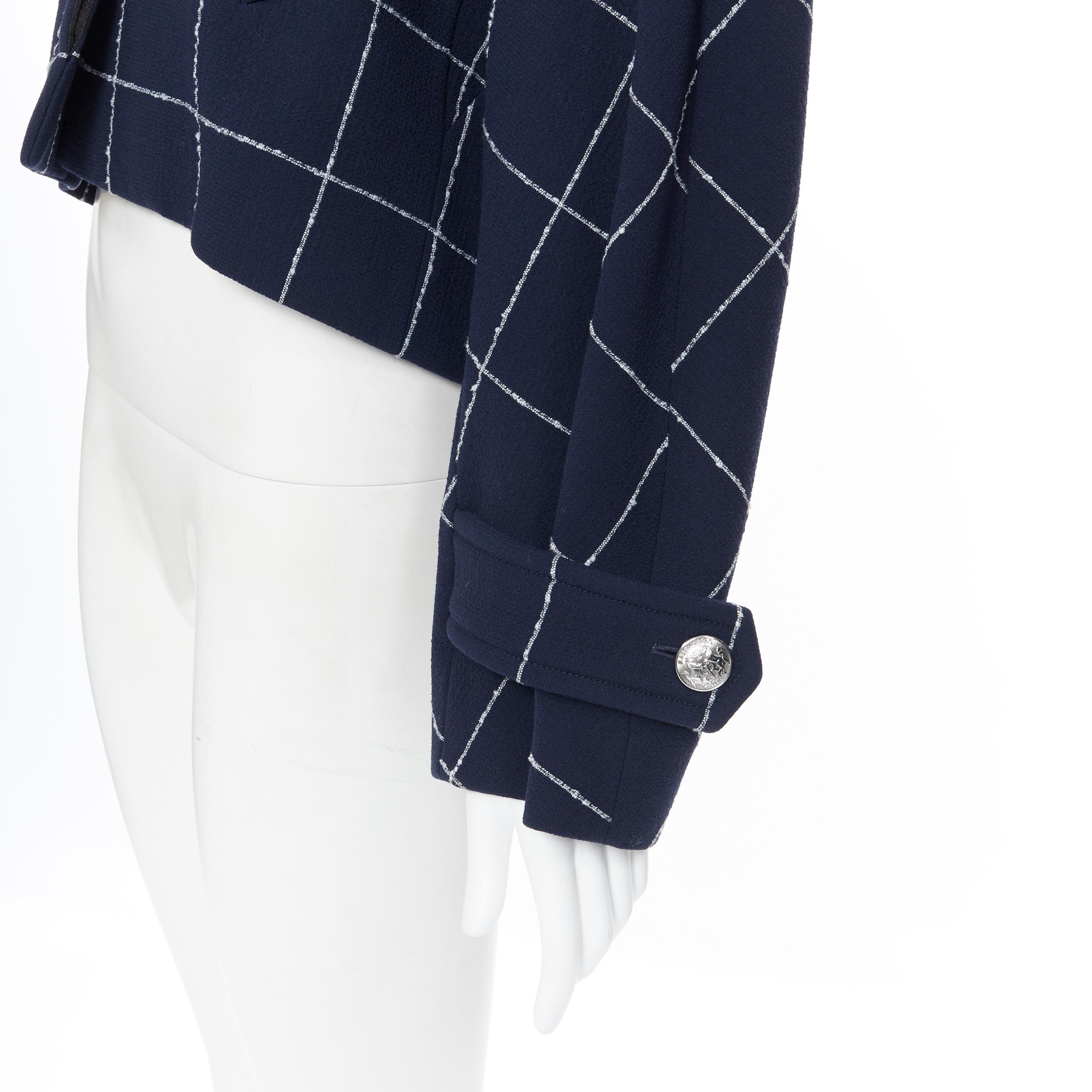 BALENCIAGA 2016 navy white check wool blend cropped military jacket Fr34 XS 3