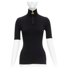BALENCIAGA 2017 black virgin wool gold BB logo half zip pullover sweater FR36 S