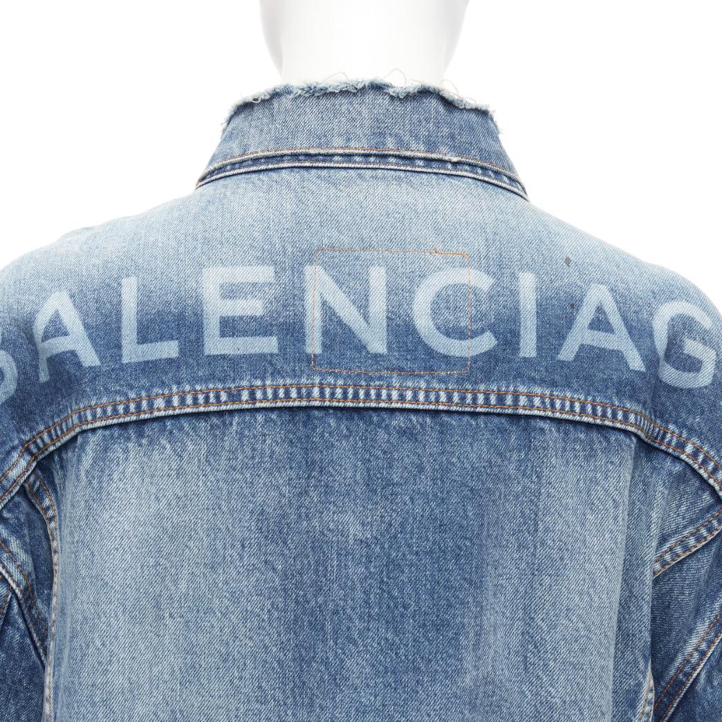 BALENCIAGA 2017 blue distressed denim logo back yoke oversized jacket FR34 XS In Good Condition For Sale In Hong Kong, NT