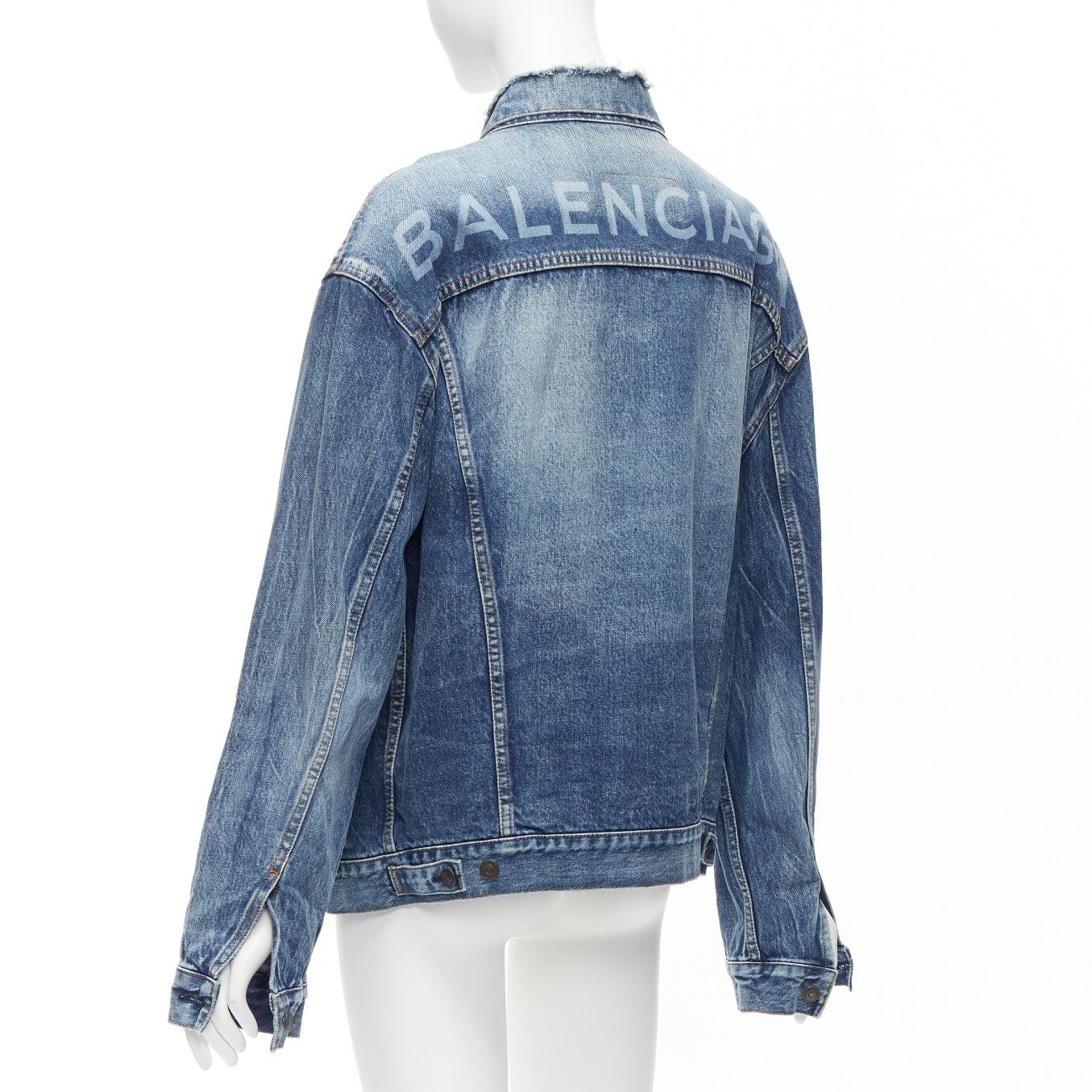 BALENCIAGA 2017 blue distressed denim logo back yoke oversized jacket FR34 XS For Sale 2
