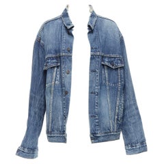 BALENCIAGA 2017 blue distressed denim logo back yoke oversized jacket FR34 XS