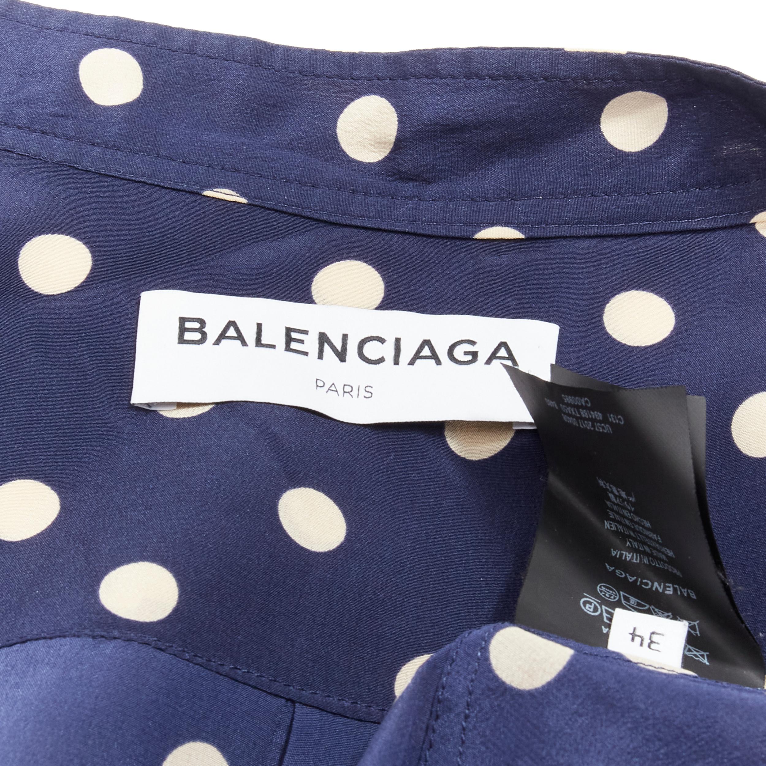 Women's BALENCIAGA 2017 Demna 100% silk navy blue polka dot pussy bow shirt FR34 XS
