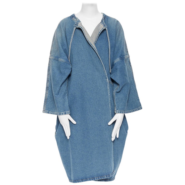 BALENCIAGA 2017 DEMNA washed blue denim kimono sleeve wrap casual coat FR34  XS at 1stDibs | collarless coat