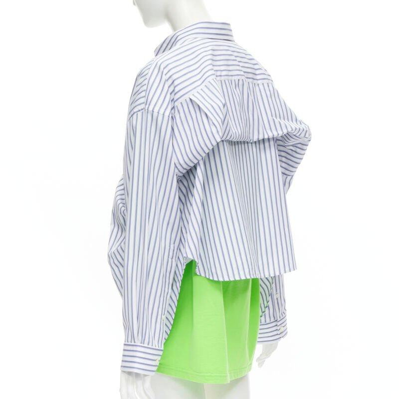 BALENCIAGA 2017 green tshirt blue striped shirt 2 way draped top FR34 XS
Reference: MELK/A00121
Brand: Balenciaga
Designer: Demna
Collection: 2017
Material: Cotton
Color: Green, Blue
Pattern: Striped
Lining:  Cotton
Extra Details: The shirt can be