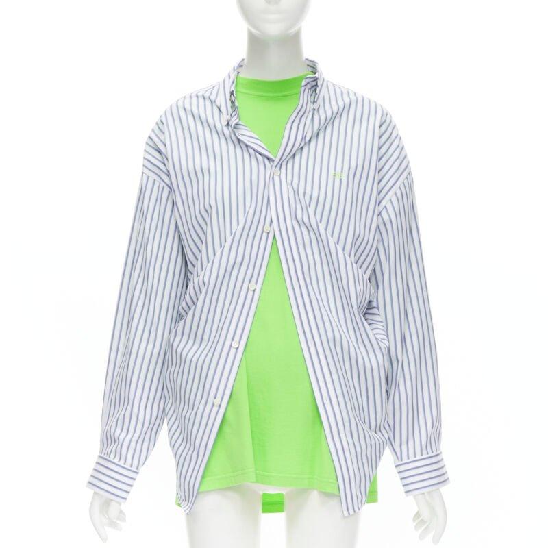 Green BALENCIAGA 2017 green tshirt blue striped shirt 2 way draped top FR34 XS For Sale
